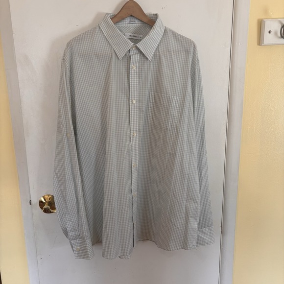 CALVIN KLEIN Shirt Mens 2XL Green Checkered Long Sleeve Collared Button Down - Picture 1 of 9